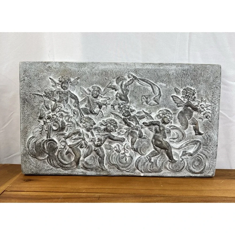 VTG 2000's Bas-Relief Plaque W Cherubs Plaster Wall Decor Grey 14
